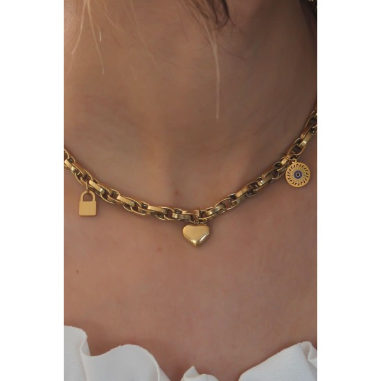 Çelik Gold Renk Kalın Zincir Model Kalp Figür Kadın Kolye - TJ-BKO6898
