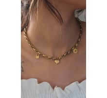 Çelik Gold Renk Kalın Zincir Model Kalp Figür Kadın Kolye - TJ-BKO6898