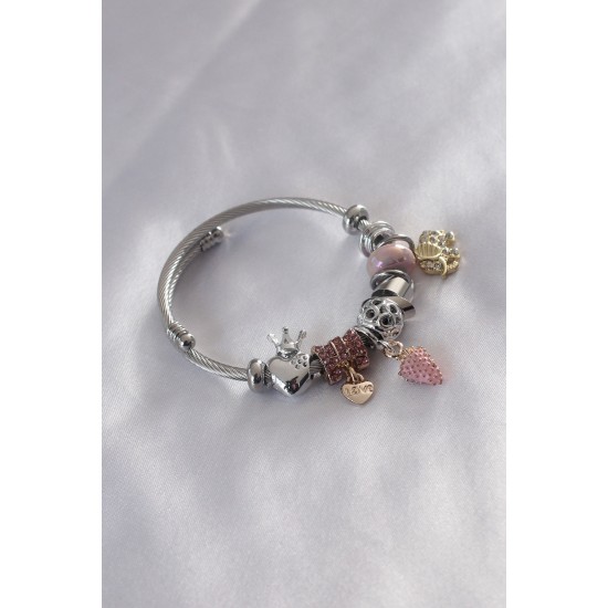 Çelik Charm Model Pembe Çilek Figür Kalp Detay Zirkon Taşlı Kadın Bileklik - TJ-BB4797