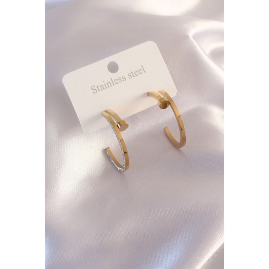 Çelik Gold Renk Zirkon Taş Detay Kadın Küpe - TJ-BKP6940