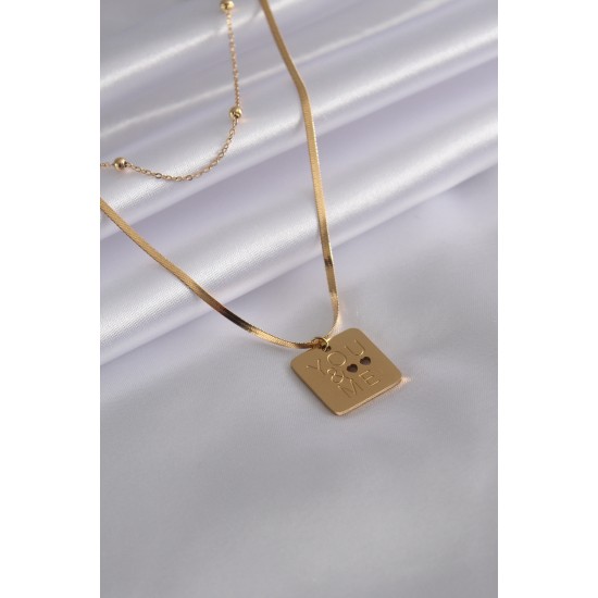 316L Çelik Gold Renk İtalyan Zincir 'You & Me' İşleme Kadın Kolye - TJ-BKO6980