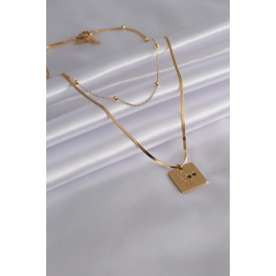 316L Çelik Gold Renk İtalyan Zincir 'You & Me' İşleme Kadın Kolye - TJ-BKO6980