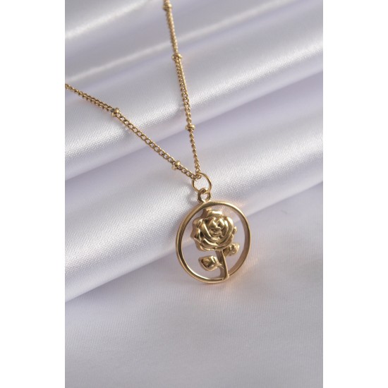 316L Çelik Gold Renk Gül Figür Kadın Kolye - TJ-BKO6986