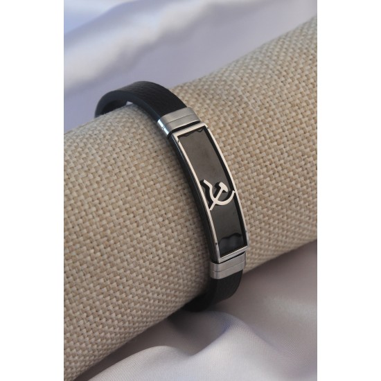 Siyah Metal Çekiç Orak Model Siyah Deri Erkek Bileklik - TJ-EB3574