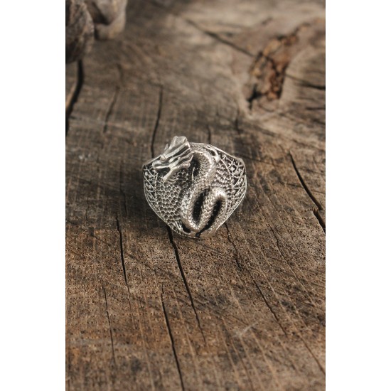 Antik Gümüş Renk Ejderha Motif Ayarlanabilir Erkek Yüzük - TJ-EY611
