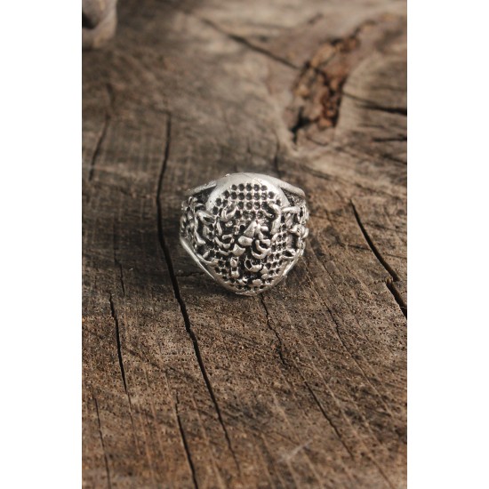 Antik Gümüş Renk Akrep İşleme Ayarlanabilir Erkek Yüzük - TJ-EY612