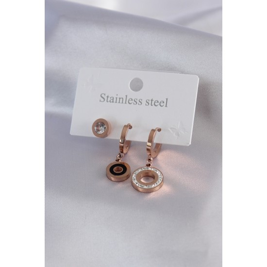 316L Çelik Rose Renk Daire Model Zirkon Taş Detay Kadın Küpe Kombini - TJ-BKP7073