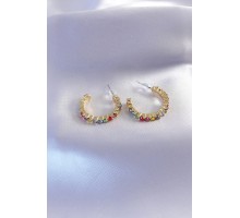 Gold Renk Yarım Halka Model Renkli Kristal Taşlı Kadın Küpe - TJ-BKP7268