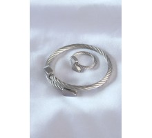 Çelik Gümüş Renk Burgu Model Erkek Bileklik Yüzük Seti - TJ-EB3592