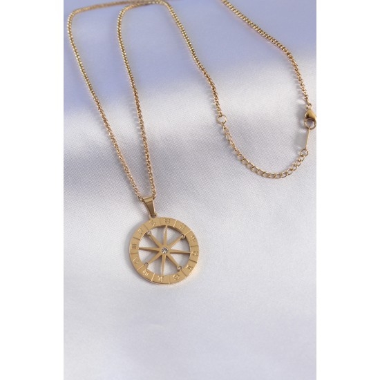 316L Çelik Gold Renk Burçlar İşleme Zirkon Taşlı Kadın Kolye - TJ-BKO7321