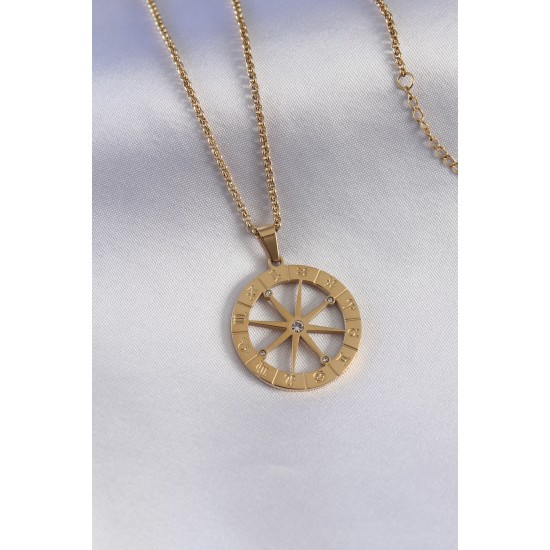 316L Çelik Gold Renk Burçlar İşleme Zirkon Taşlı Kadın Kolye - TJ-BKO7321