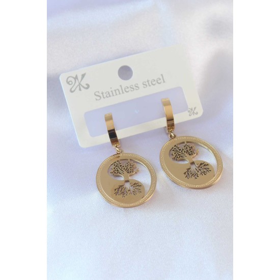 316L Çelik Gold Renk Hayat Ağacı İşleme Kadın Küpe - TJ-BKP7336