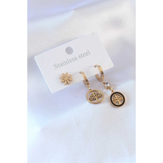 316L Çelik Gold renk Ağaç Model Çiçek Detay Zirkon Taşlı Kadın Küpe - TJ-BKP7348