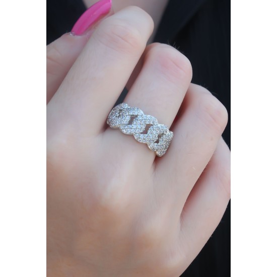 Gümüş Renk Zirkon Taşlı Zincir Model Kadın Yüzük - TJ-BYK2652