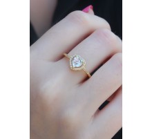 Gold Renk Zirkon Taşlı Kalp Model Charm Pirinç Kadın Yüzük - TJ-BYK2654