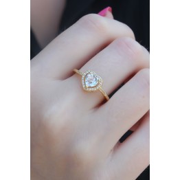 Gold Renk Zirkon Taşlı Kalp Model Charm Pirinç Kadın Yüzük TJ-BYK2654