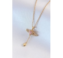 316L Çelik Gold Renk Kanatlı Kalp Model Zirkon Taş Detay Kadın Kolye - TJ-BKO7411