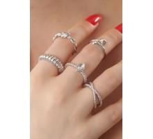 Gümüş Renk Zirkon Taşlı Sarmal Model Kedi Figür Bayan Yüzük Kombin - TJ-BYK2738