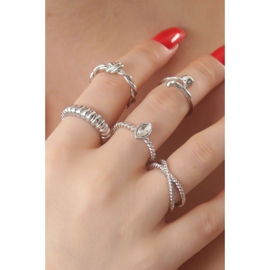 Gümüş Renk Zirkon Taşlı Sarmal Model Kedi Figür Bayan Yüzük Kombin - TJ-BYK2738