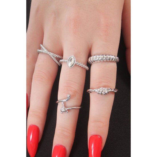Gümüş Renk Zirkon Taşlı Sarmal Model Kedi Figür Bayan Yüzük Kombin - TJ-BYK2738