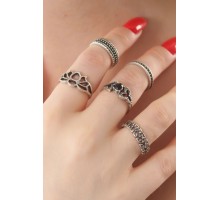 Gümüş Renk Lotus Model Siyah Kristal Taş Detay Bayan Yüzük Kombin - TJ-BYK2740