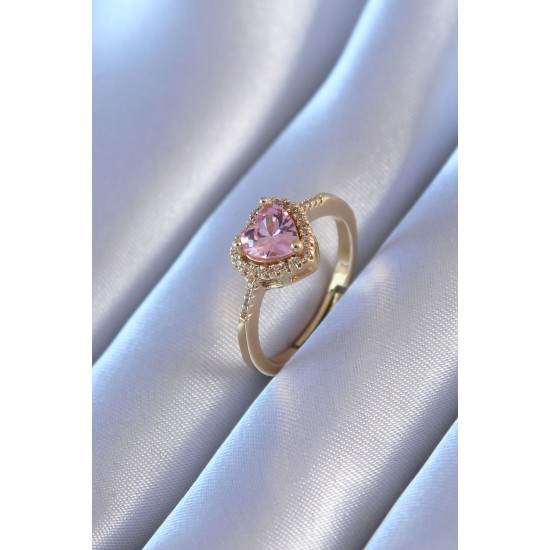 Gold Renk Zirkon Taşlı Kalp Model Pirinç Charm Kadın Yüzük - TJ-BYK2748