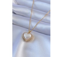 316L Çelik Gold Renk İncili Kalp Model Zirkon Taşlı Kadın Kolye - TJ-BKO7566