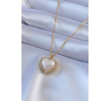 316L Çelik Gold Renk İncili Kalp Model Zirkon Taşlı Kadın Kolye - TJ-BKO7566