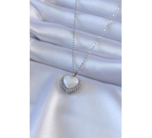 316L Çelik Gümüş Renk İncili Kalp Model Zirkon Taşlı Kadın Kolye - TJ-BKO7567