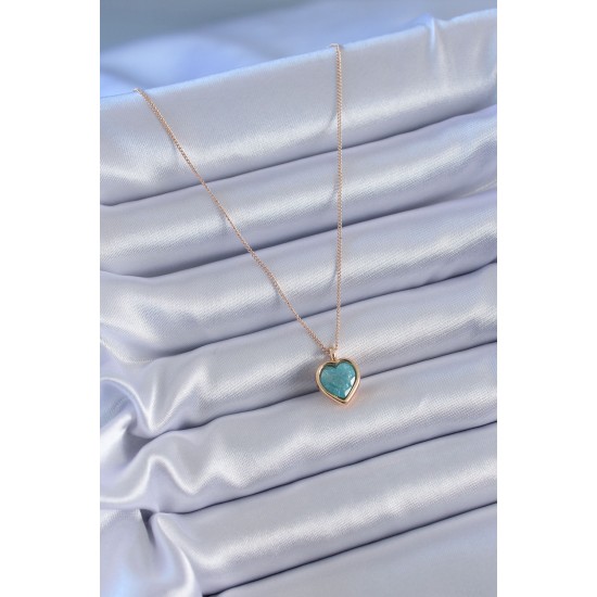 Gold Renk Turkuaz Renk Simli Kalp Model Kadın kolye - TJ-BKO7594