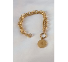 316L Çelik Gold Renk 2'li Zincir Model Çeyrek Altınlı Kadın Bileklik - TJ-BB5452