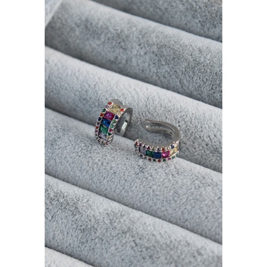 Gümüş Renk Renkli Kristal Taşlı Earcuff Pirinç Kadın Kıkırdak Küpe - TJ-BKP7806