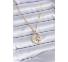 316L Çelik Gold Renk Zirkon Taşlı Ay Yıldız Model Kadın Kolye - TJ-BKO7688