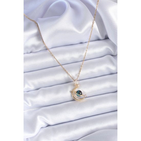 316L Çelik Gold Renk Zirkon Taşlı Hilal Model Kadın Kolye - TJ-BKO7690