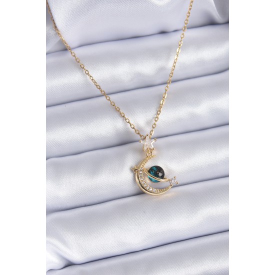 316L Çelik Gold Renk Zirkon Taşlı Hilal Model Kadın Kolye - TJ-BKO7690