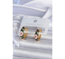 316L Çelik Gold Renk Siyah Çiçek İşleme Kadın Küpe - TJ-BKP7892