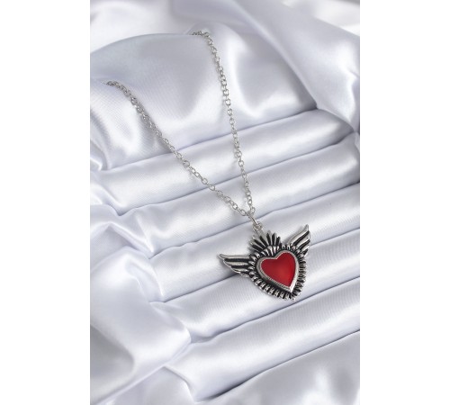Gümüş Renk Kanatlı Kırmızı Kalp Model Kadın Kolye - TJ-BKO7737