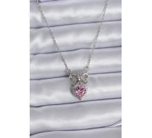 316L Çelik Gümüş Renk Zincir Pembe Kristal Kalp Zirkon Taşlı Kurdele Model Kadın Kolye - TJ-BKO7746