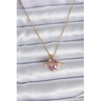 316L Çelik Gold Renk Zincir Pembe Kristal Kalp Model Zirkon Taş Detay Kadın Kolye TJ-BKO7747