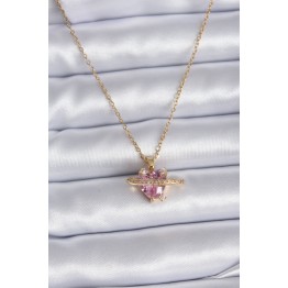 316L Çelik Gold Renk Zincir Pembe Kristal Kalp Model Zirkon Taş Detay Kadın Kolye TJ-BKO7747