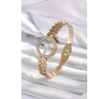 316L Çelik Gold Renk Çeyrek Takılabilen Zirkon Taş Detay Kadın Kelepçe - TJ-BB5548