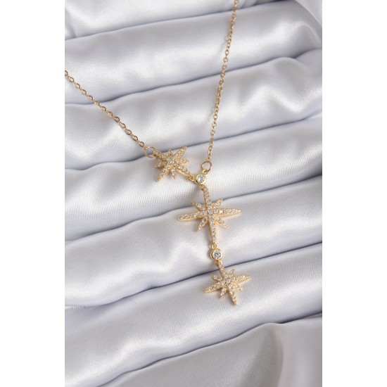 316L Çelik Zincir Gold Renk Zirkon Taşlı Kutup Yıldızı Model Kadın Kolye - TJ-BKO7814
