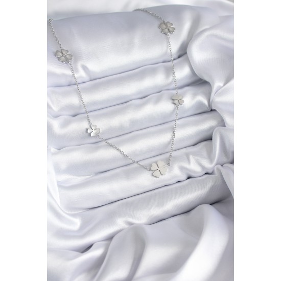 316L Çelik Zincir Gümüş Renk Yonca Model Kadın Kolye - TJ-BKO7870