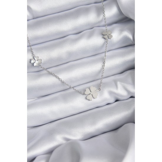 316L Çelik Zincir Gümüş Renk Yonca Model Kadın Kolye - TJ-BKO7870