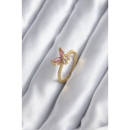 Gold Renk Pembe Zirkon Taşlı Kelebek Model Kadın Yüzük TJ-BYK2842