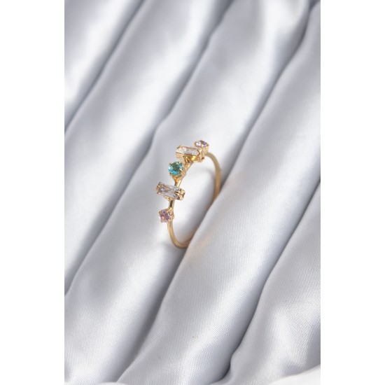 Gold Renk Zirkon Taşlı Renkli Zirkon Taşlı Kadın Yüzük - TJ-BYK2846