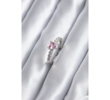 Gümüş Renk Zirkon Taşlı Pembe Kristal Kalp Model Kadın Yüzük - TJ-BYK2851