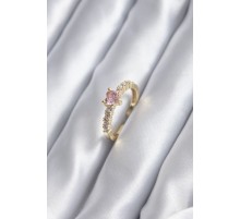 Gold Renk Zirkon Taşlı Pembe Kristal Kalp Model Kadın Yüzük - TJ-BYK2852