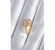 Pirinç Gold Renk Zirkon Taşlı Kalp Charm Model Kadın Yüzük - TJ-BYK2858