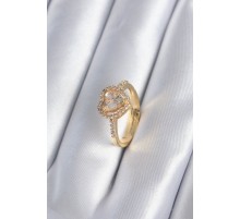 Pirinç Gold Renk Zirkon Taşlı Kalp Charm Model Kadın Yüzük - TJ-BYK2858